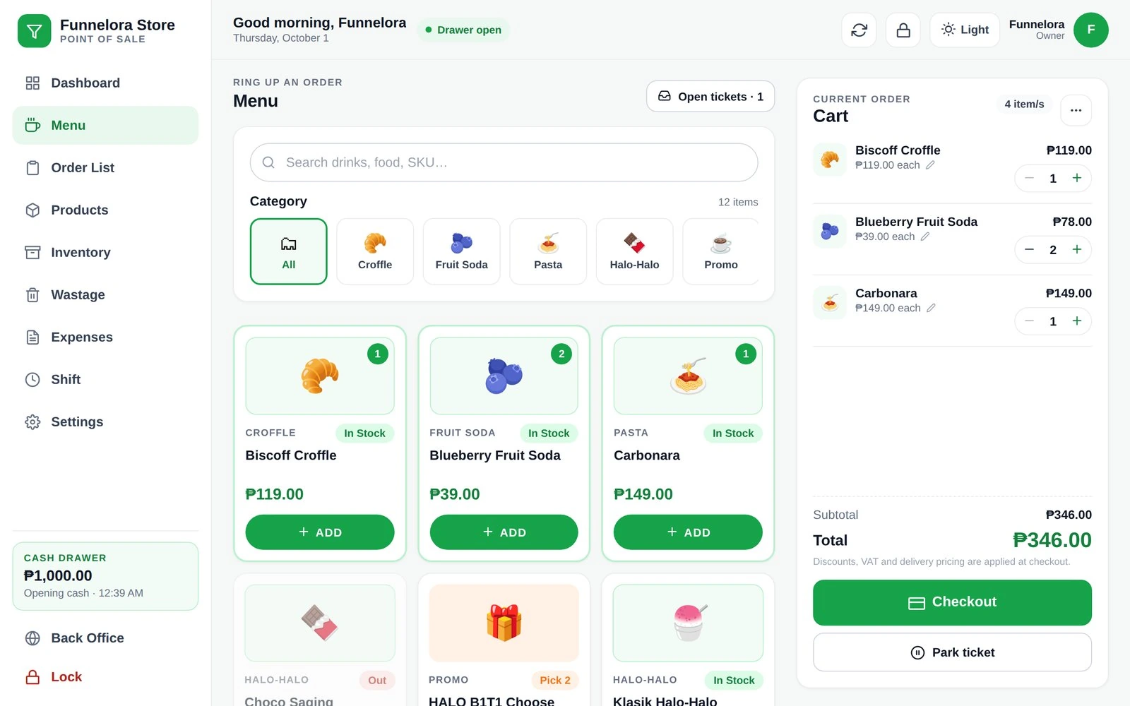 The Funnelora menu screen with an order in the cart